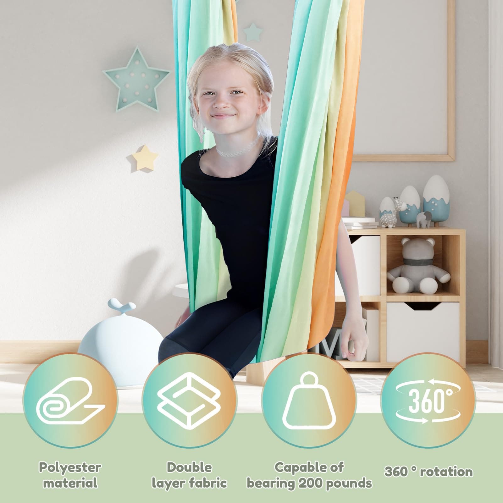 Sensory Swing for Kids Adults Double Layer Kids Sensory Swing Holds up to 200 lbs Therapy Cuddle Swing Stretch Resistant Swing Hammock Effect for Autism, ADHD or SPD Children Indoor Outdoor - Orange + Green thumbnail 3