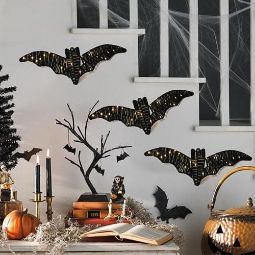 3 Pack Halloween Decorations Indoor Wall Decor with Lights & Batteries Included, Black Rattan Pre-Lit Spooky Bats Room Decor, 3D Hanging Signs for Covered Porch Home Haunted House Party thumbnail 7