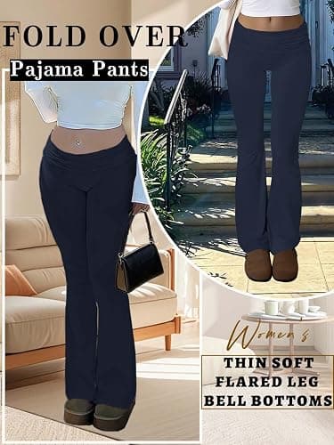 Dookttker Flare Fold Over Leggings High Waist Stretch Y2k Bell Bottom Thin Soft Pajama Pants Wide Leg Workout Sweatpants thumbnail 4