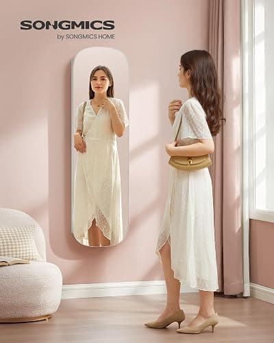 SONGMICS Jewelry Organizer, LED Jewelry Cabinet Wall/Door Mounted, Lockable Rounded Wide Mirror with Storage, Interior Mirror, 3.9 x 16.5 x 55 Inches, White Surface with Greige Lining thumbnail 3