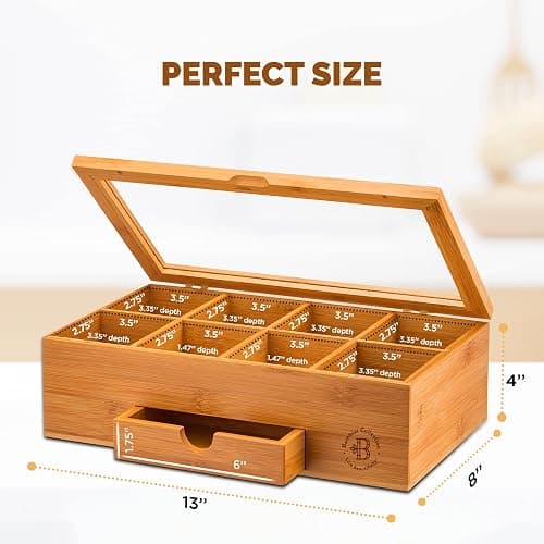 Tea Bag Organizer - Christmas Gift Bamboo Tea Box Organizer Storage Box, Tea Bag Holder with Drawer & Acrylic Window, Magnetic Lid Keeps Tea Bags Fresh - Tea Organizer Caddy (Tea Not Included) thumbnail 3