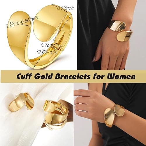 BROCC 2Pcs Gold Chunky Cuff Bracelets for Women Adjustable Bangle Gold Plated Twisted Hinged Bangle Bracelet Fashion Jewelry Trendy Cuff Bracelet for Daily Wear thumbnail 2