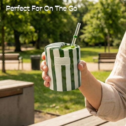 KOIMYSA Ceramic Travel Coffee Mug with Straw Hole 12oz, Espresso Cups | Hand Painted Pottery Coffee Mug, Retro Striped To Go Coffee Mug for Hot & Cold Drinks, Microwave & Dishwasher Safe, Green thumbnail 7