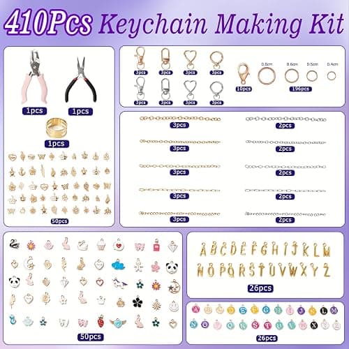 Pjordo 410Pcs Charm Lip Gloss Keychain Making Kit, Gold & Silver Keychain Kit, for Stimulate Creativity & Foster Emotional Interaction, for Girls, Teen & Boys, DIY Making Kit Suitable for Beginner thumbnail 4
