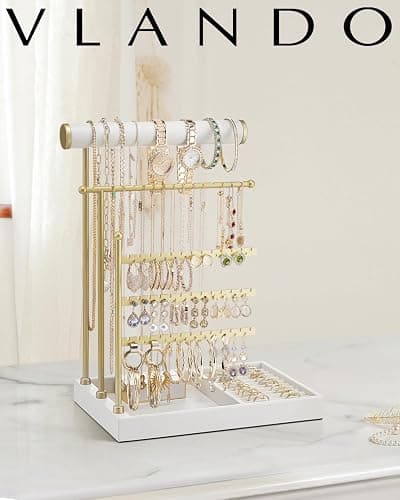 Vlando Jewelry Stand Organizer with Ring Holder, Jewelry Holder Organizer with Tray, Necklace Holder Bracket Holder Earring Holder - White - A. White thumbnail 2