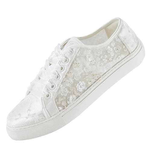 Mrs White 883-10 Women's Lace Wedding Sneakers Floral Embroidery Ribbon Laces Comfortable Bridal Flat Shoes - Image 1
