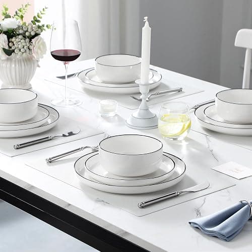 MALACASA Plates and Bowls Sets, 12 Pieces Modern Porcelain Dinnerware Set for 4 White Kitchen Dinner Dining Ware Set wtih Black Rim Ceramic Dishware Dishes Microwave and Dishwasher Safe, Series LUNA thumbnail 6
