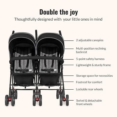 Dream On Me Volgo Side-by-Side Twin Umbrella Toddler Stroller, Black | 5 Point Safety Harness, Smooth Swivel Wheels, Lightweight, Adjustable Double Canopy, Storage Basket, 40 Lb Limit Each Seat thumbnail 6
