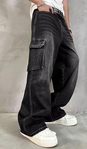 HUNGSON Mens Baggy Cargo Jeans for Men Women Y2k Skater Vintage Plain Pants Casual Wide Leg Jeans Loose Fit Denim Jeans thumbnail 3