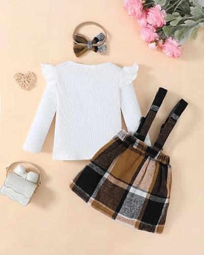 Coaturi Baby Girl Clothes Sets: 3 Piece Skirt Sets Ribbed Top Plaid Skirts with Headband Fall Outfits for Toddler 6-48 Months thumbnail 3