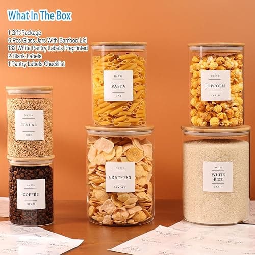 6-Pack Borosilicate Glass Storage Jars with Bamboo Lids + 132 Pre-Printed Pantry Labels Included, BPA-Free Thicken Airtight Containers for Flour, Sugar, Rice, Microwave & Freezer Safe(100OZ/54OZ/27OZ) thumbnail 6
