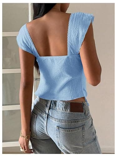 RoseSeek Women's Flowy Going Out Tank Top Sweetheart Neck Cap Sleeve Summer Ruffle Elegant Crop Tops thumbnail 2