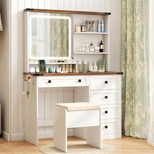 CHARMAID Vanity Desk with Mirror and Lights, Farmhouse Makeup Vanity Desk with 5 Drawers, 3 Shelves, Storage Chair, Charging Station, 42" White Vanity Dressing Table with Stool for Bedroom - Image 1