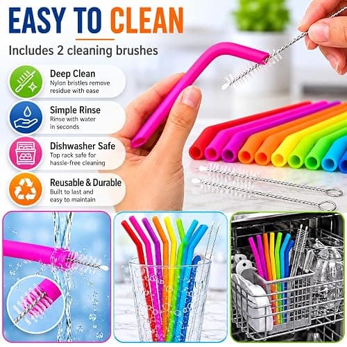 Reusable Silicone Straws for Tumblers, Smoothies & Kids Drinks – 15 Pack Flexible BPA-Free Drinking Straws with 2 Cleaning Brushes – Soft on Teeth & Lips – Fits 20oz & 30oz Tumblers thumbnail 9