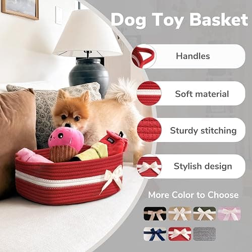 CHICVITA Small Woven Rope Gift Basket, Decorative Burr Basket, Red | 13" x 10" x 5" Storage Baskets for Toys & Baby Essentials, Fits Nursery & Bedroom Organization, Built-In Handles, Bow Design thumbnail 4