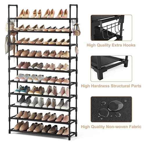 VTRIN 10 Tier Shoe Rack Tall Large Capacity 50 Pair Wide Shoe Organizer with Two Hooks Sturdy Metal Shoe Shelf for Entryway, Closet, Bedroom thumbnail 4