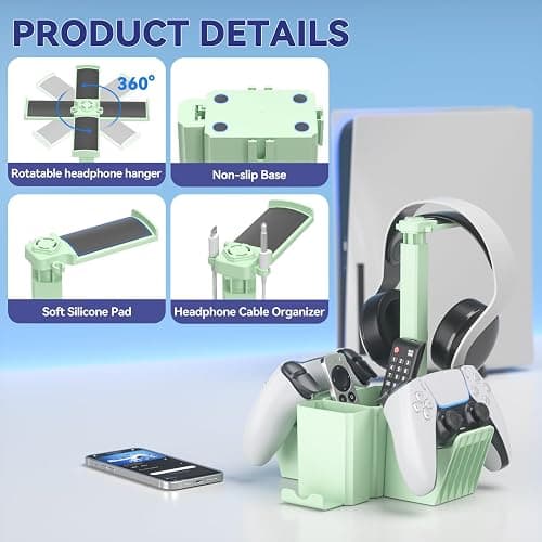 KDD Dual Controller Holder with Headphone Stand - Multi-Functional Desk Storage Box with Phone Holder - Universal Controller Stand with Desktop Organizer for Remote Control Pen Accessories(Green) thumbnail 5