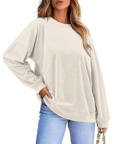 KISSMODA Women's Casual Long Sleeve Sweatshirt Color Block/Solid Crewneck Corduroy Pullover Cute Tops thumbnail 3