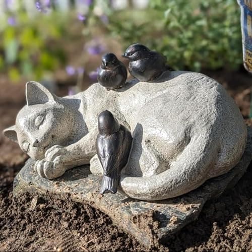 LC LCdecohome Sleeping Cat Garden Statues Outdoor - 12" Sparrows On Cat Figurine Memorial Statue Grave Markers Garden Resin Statues for Outdoor Decor Outdoor Statue Resin 12" x 8" x 4.5" - Image 1