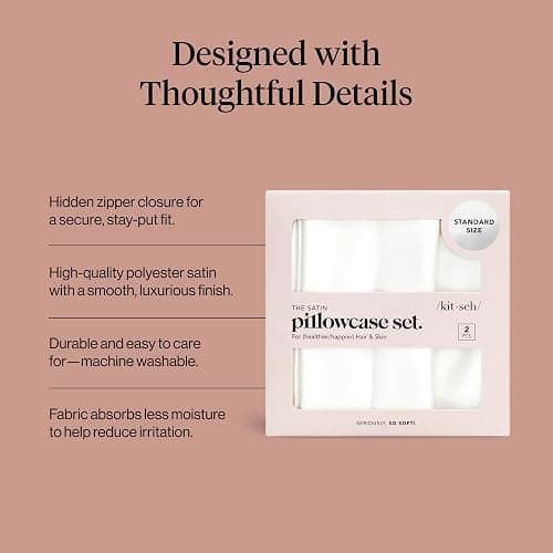 Kitsch Satin Pillowcase with Zipper for Hair & Skin, Softer Than Silk Pillow Cases Queen Size Set of 2, Wrinkle-Free, Smooth and Cooling Satin Pillow Covers, Standard Size 19"x26" - Ivory, 2pcs thumbnail 4