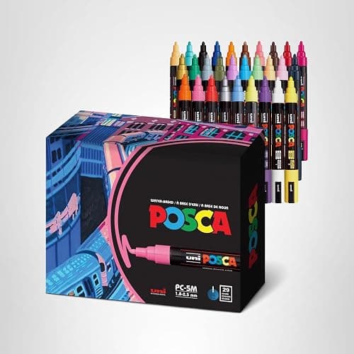 Uni Posca Paint Markers, 5M Medium Acrylic Markers with Reversible Tips, Artist Recommended For Gifts, Decorations, Fabric, Metal, Glass, Wood and Canvas, Assorted Colors, Set of 29 thumbnail 13