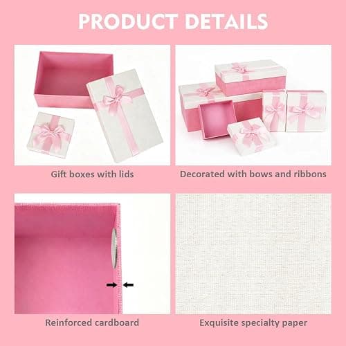 Pink Christmas Gift Box Set with Bow & Lid - 6 Sizes Birthday/Anniversary | Sturdy paperboard boxes, elegant bow & lid, 6 sizes (4.7-11.8"), classic colors. Bulk set for men, women, kids. thumbnail 4