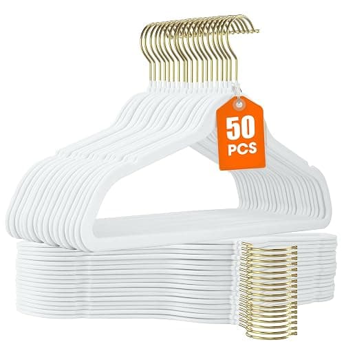 Uinicor 50 Pack White Velvet Hangers,Non Slip,Heavy-Duty,Slim,Space Saving,with Felt Surface and Gold 360°Swivel Hook,for Pants,Outfit,Skirts,Suits,Coats,Dresses ect. - Image 1
