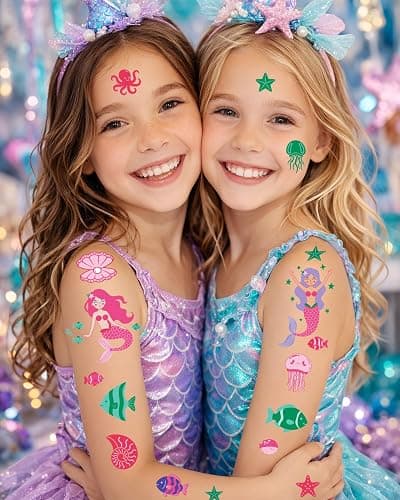 Mermaid Temporary Tattoos for Kids – 106 Cute Ocean & Mermaid Designs, Waterproof, Non-Toxic & Skin-Friendly, Easy to Apply, Perfect for Under the Sea Birthday Party Favors & Goodie Bags thumbnail 4