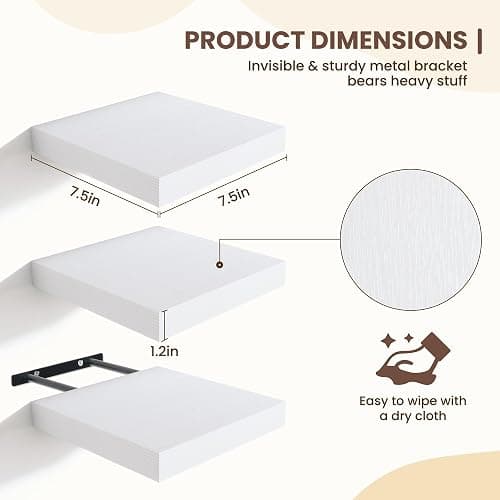 Fun Memories Floating Shelves for Wall - 7.5 Inch Square Shelves with Invisible Brackets, Small Wall Shelf for Living Room, Bathroom, Bedroom, and Kitchen Decor，White Set of 3 thumbnail 3