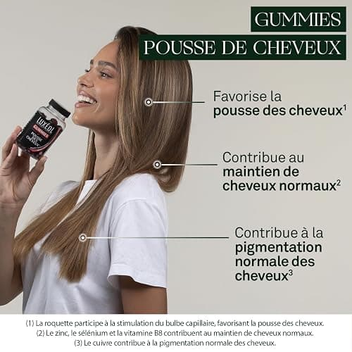 Luxéol - Gummies Pousse Cheveux - Complément Alimentaire - Stimule Le Bulbe Capillaire - Plante, Minéraux, Vitamines - Arôme Fraise, Sans Sucres - Fabriqué En France - Programme 1 mois - 60 Gummies thumbnail 2