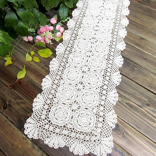 KEPSWET Cotton Handmade Crochet Lace Table Runner Beige Rectangle Coffee Table Dresser Decor (14x36 inch) - 14"x72" Olive Green thumbnail 4