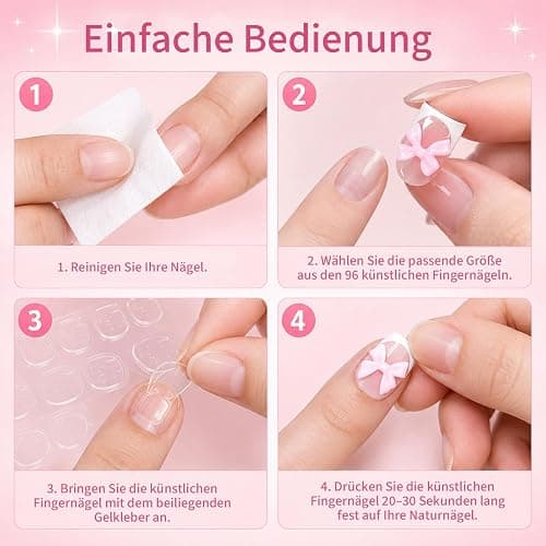 96 Stück Künstliche Fingernägel zum Aufkleben aus Buntem Kunststoff, Full Cover Press On Nails mit Schleifenmotiv, Wiederverwendbar für Frauen und Mädchen thumbnail 5