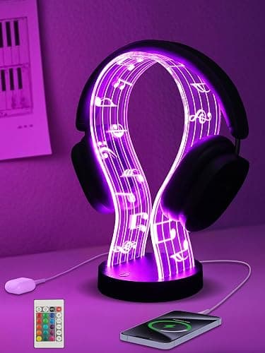 CoolGift Mart Light Up Headphone Stand with 16 Color Lights, Music Notes Pattern Acrylic Headset Stand with 1 USB and 1 Type-C Charging Ports, Gifts for Gamers Men and Music Lovers - Image 1