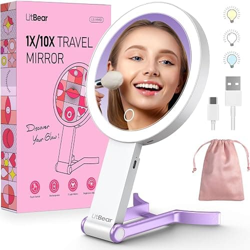 LitBear Travel Makeup Mirror with Light, Rechargeable Double-Sided 10X/1X Magnifying Mirror, Portable Lighted Beauty Mirror, 3 Color Lighting, Dimmable Touch Screen, Tabletop Handhold Hanging (Purple) - Image 1