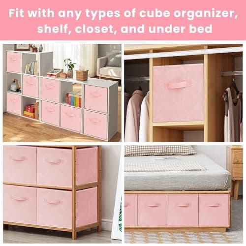 Criusia Storage Cubes - 11 Inch Heavy Duty Fabric Storage Bins for Shelves Closet, Cube Organizer - 8 Pack Collapsible Cube Storage Bins Baskets for Organizing Clothes Blankets Toys (Pink) thumbnail 7