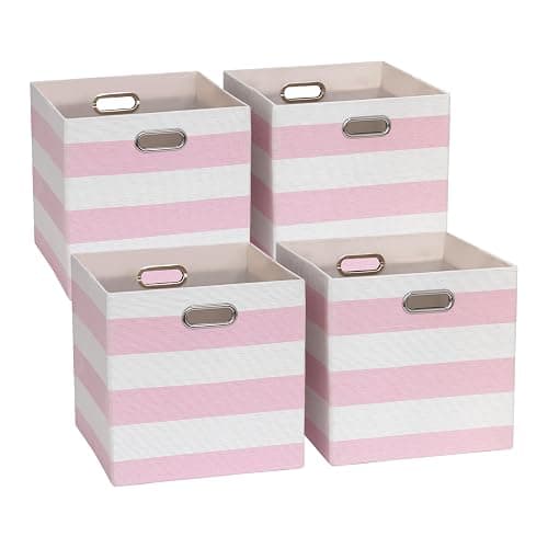 11 x 11 x 11 Inch Linen Stripe Storage Cubes for Home Organizing, Pack of 4 | Collapsible Fabric Bins with Handles, Striped Boxes for Office Wardrobe Closet Shelf Organizing - Image 1