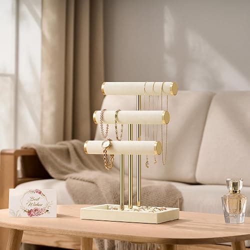 Josmimic Schmuck Organizer mit 3 Ebenen - Beige Schmuckständer Armbänder, Abnehmbarer T-Steg Schmuck Ständer, Samt-Armbandhalter, Schmuckhalter für Armband, Halskette, Uhren, Ringe thumbnail 5