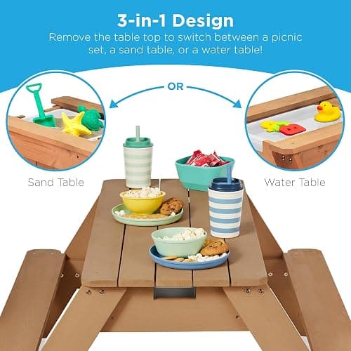 Best Choice Products Kids 3-in-1 Sand & Water Table, Wood Outdoor Convertible Picnic Table w/Umbrella, 2 Trays, Removable Top, 220lb Capacity Per Bench - Natural/Dark Pink - Natural/Dark Pink thumbnail 4
