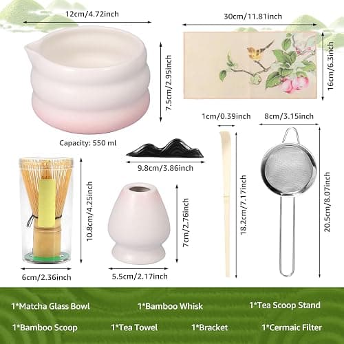 Matcha Set, 7-teiliges Matcha Besen Set mit Matcha Zubehör Schale Matcha Löffel Matcha Schneebesen Matcha Besenhalter Matcha Sieb, Matcha Whisk Traditionell Matcha Tea Set für Teeliebhaber (7Rosa) thumbnail 2
