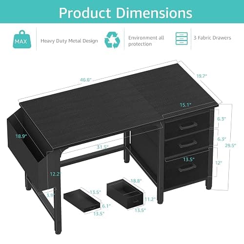 Lufeiya Computer Desk with File Drawers Cabinet, 47 Inch Reversible Home Office Desks with Filing Cabinet for Small Space, Gaming Study Writing Table PC Desks, Black thumbnail 3