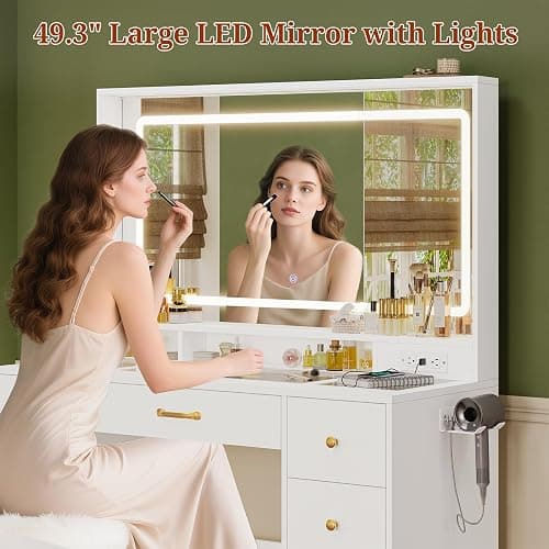UPOSOJA 49.3“Large LED Mirror with Lights,Makeup Vanity Desk with 6 Drawers,Power Outlet,Glass Tabletop,Storage Shelf,Rolling Makeup Cart,Hairdryer Rack White thumbnail 8