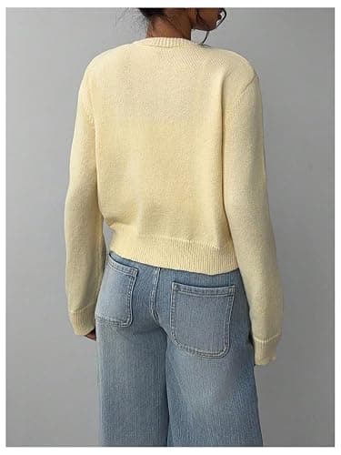 SOLY HUX Women's Button Down Long Sleeve Crewneck Crop Cardigan Sweater Cute Knitwear Clothes - Small - Mustard Yellow thumbnail 3