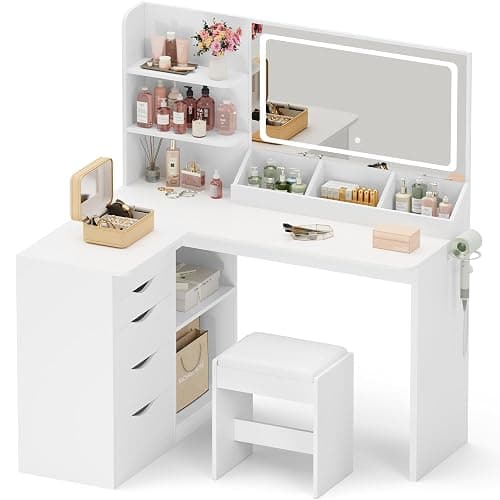 Furmax Vanity Desk with Mirror, L Shape Vanity, LED Lighted Mirror, with Power Outlet and 3 Storage Shelves, Makeup Table with 5 Drawers, 3 Color Modes, for Bedroom(White) thumbnail 9