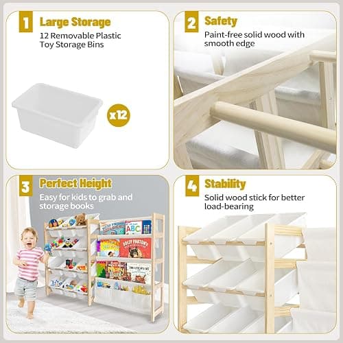 EXPERLAM Toy Storage Organizer with Bookshelf - 12 Storage Bins 4-Tier Multipurpose Shelf to Organize Toys and Books for Kids Room, Playroom, Nursery Room, White - White thumbnail 6