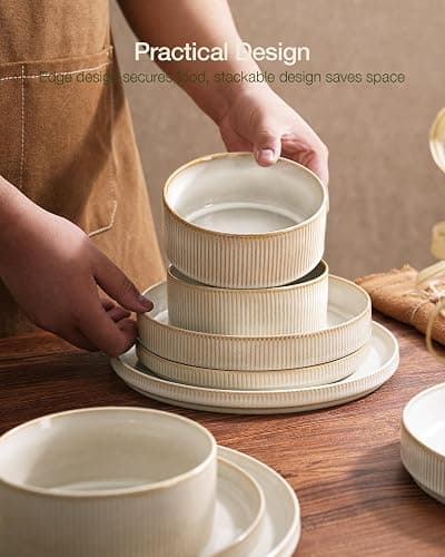 famiware Star Plates and Bowls Sets, Modern Stoneware Dinnerware Sets for 8, 24-Piece Kitchen Dish Set - Microwave and Dishwasher Safe, Chip and Scratch Resistant, Cappuccino White thumbnail 2