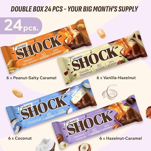 FitnesSHOCK Protein Bar Mix Box 24-Variety-Pack, No Added Sugar, High 20% Protein, Low Carb, Lower Calories, Rich in Fiber 24x50g - Mix Box 24 - 50g (Pack of 24) thumbnail 2