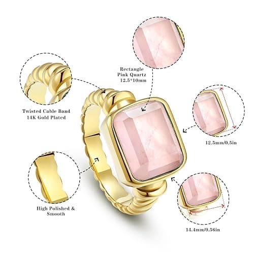 Phyonio Women's 14K Gold Plated Statement Rings Emerald Cut Teal Turquoise/Rose Quartz Crystal/Spiny Oyster Turquoise Signet Ring Stainless Steel Chunky Gold Rings Size 5-10 thumbnail 5