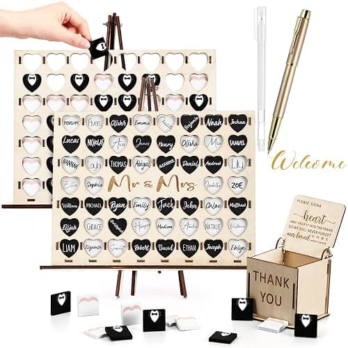 54 Pcs Fun Wedding Guest Book Alternative Set Four in a Row Game for Reception, with Mr & Mrs Wooden Heart Sign Guest Book for Wedding Party Games Ideas, Bridal Shower, Engagement, Anniversary Unique - Image 1