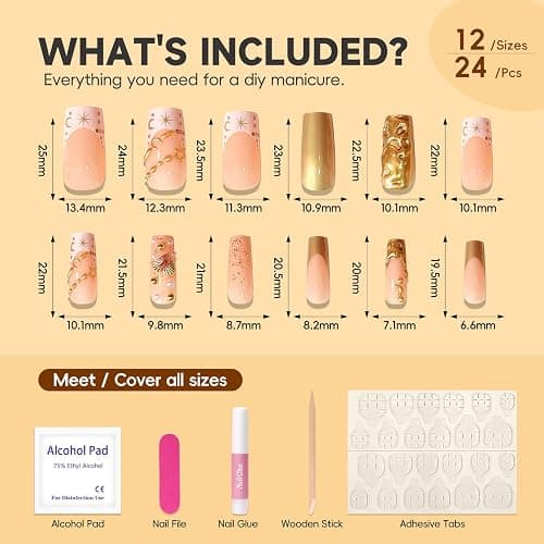 HOSAILY Gold Star Moon Press On Nails Medium Square - Semi-Handmade Fall Autumn/New Year Y2K Luxury False Fake Nail for Women, Gold Metal Heart Charms Design-24Pcs Durable Flexible Full Kit with Tools thumbnail 3