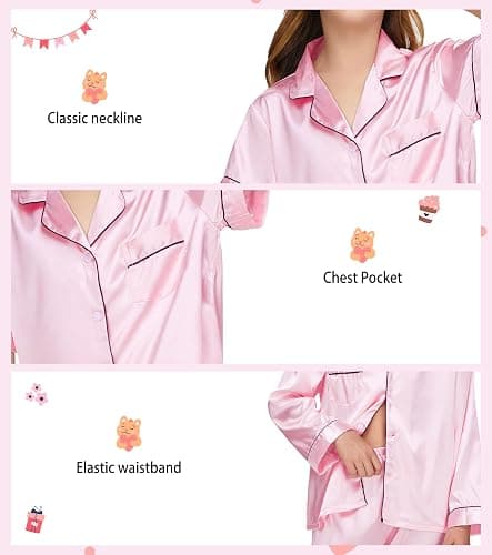 EPLAZA Kids Satin Pajamas Sets Girls Boys Button-Down Silky Pajamas Sleepwear with Hairband Eye Mask Hair Tie thumbnail 3